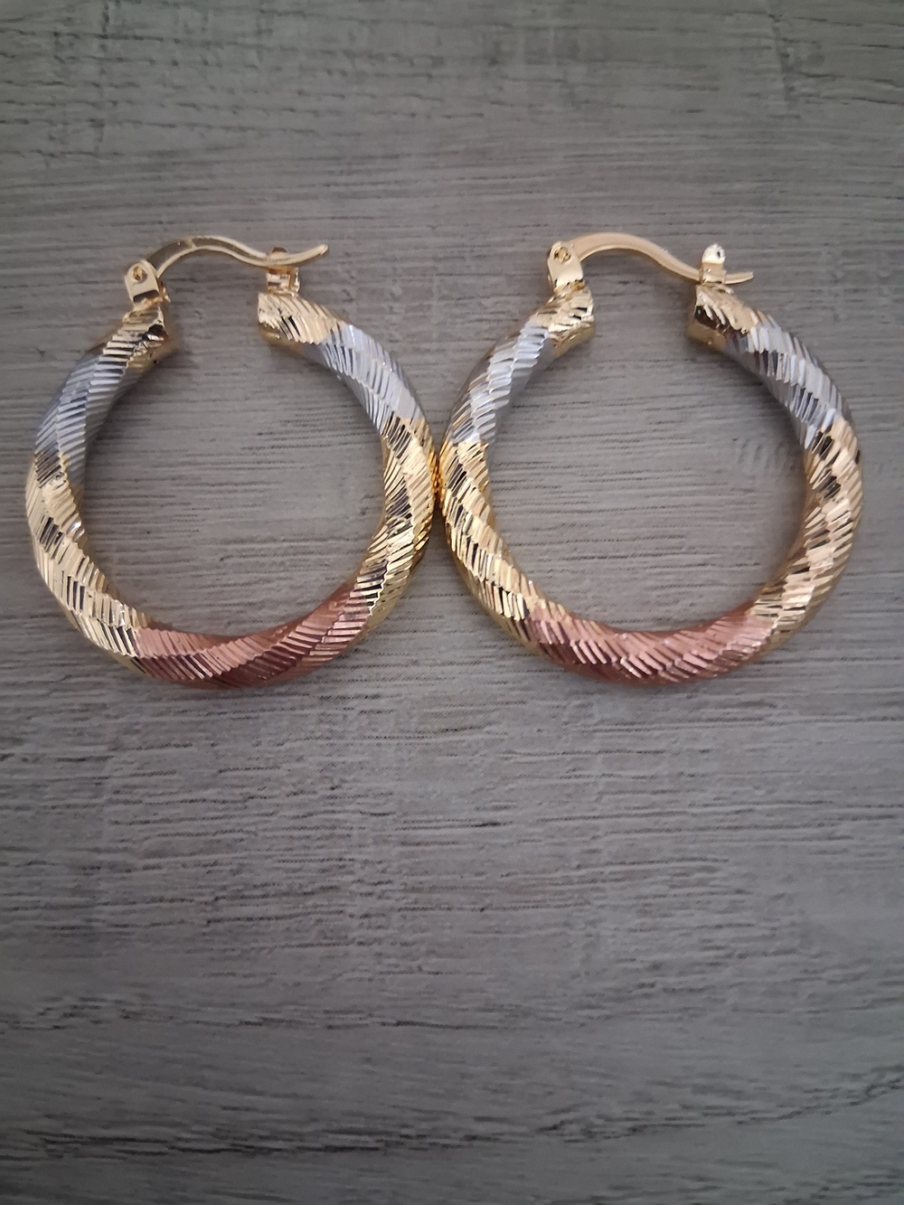 Tri-Tone Twisted Hoop Earrings - Gold, Silver & Rose - Picture 2 of 2